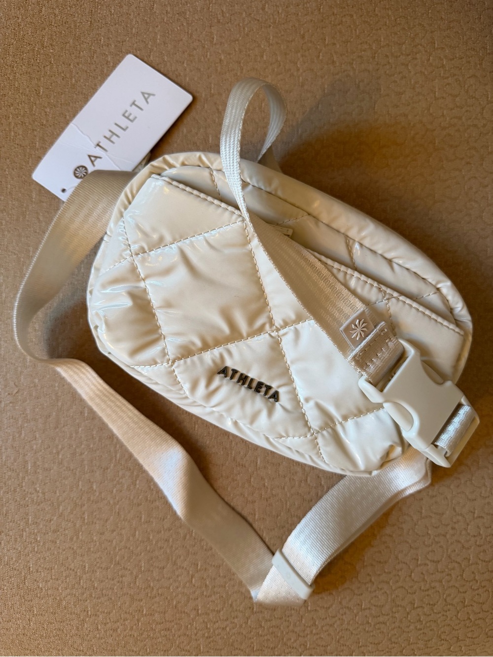 Athleta Quilted Cream Crossbody Belt Bag with Adjustable Strap